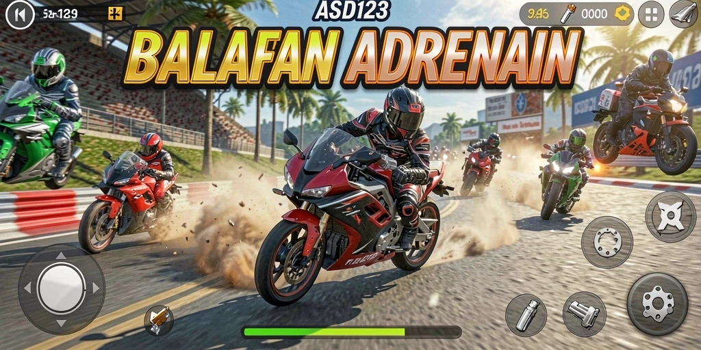 Tangkapan layar gameplay <strong>ASD123</strong> menampilkan aksi balapan motor yang mendebarkan.