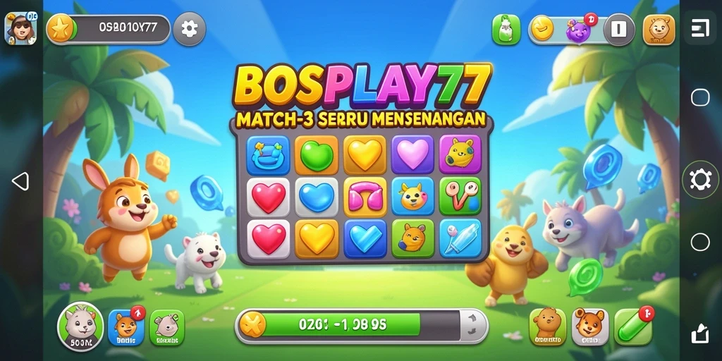 Tampilan gameplay seru BOSPLAY77 dengan tantangan Match-3 yang menarik.