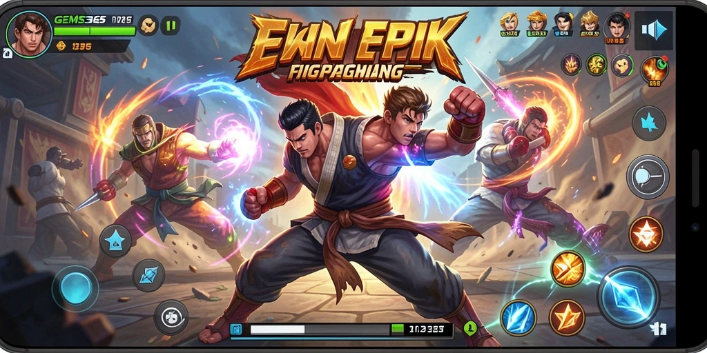 Screenshot GEMS365 menampilkan karakter bertarung dalam arena yang mendebarkan.
