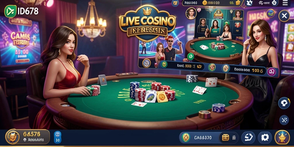 Screenshot utama ID678 menampilkan dealer profesional dalam permainan Live Casino.