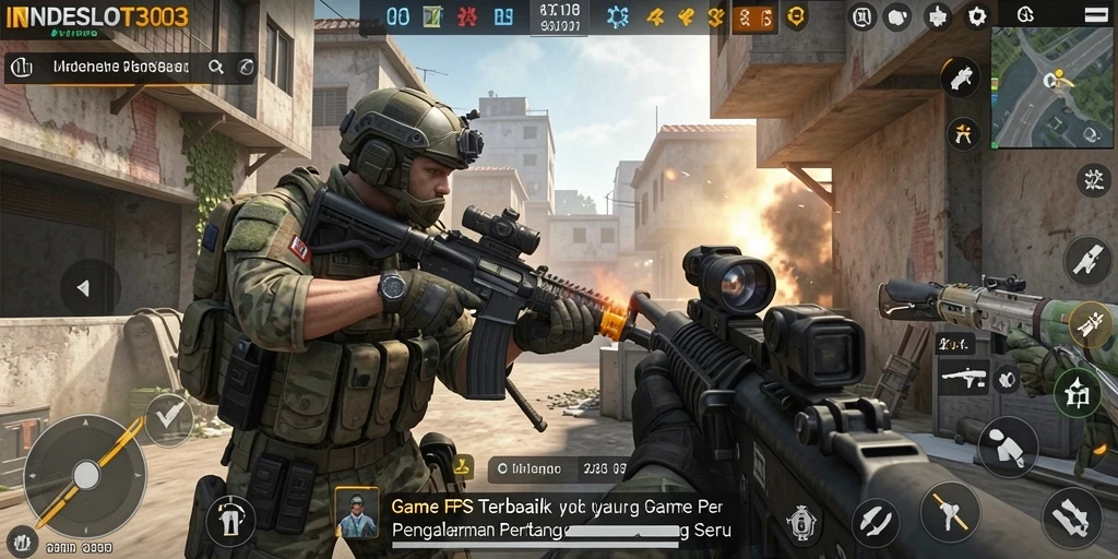 Tampilan seru gameplay INDESLOT303 di medan perang FPS.