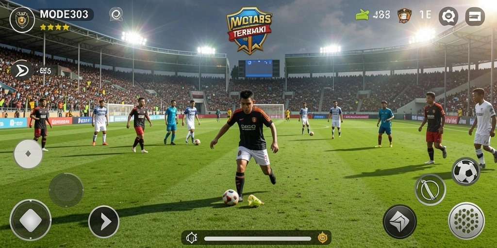 Screenshot menampilkan aksi seru dalam permainan sepak bola.
