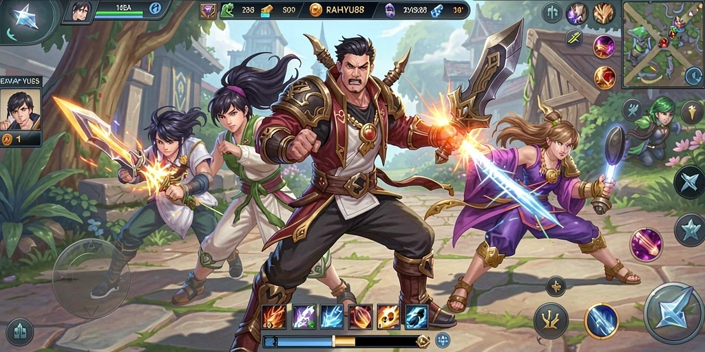 Screenshot gameplay RAHAYU88 menampilkan pertarungan seru antara tim di arena.