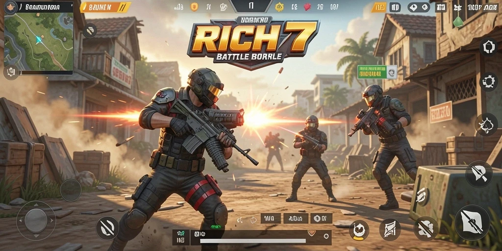 Tampilan gameplay RICH7 dalam pertarungan Battle Royale yang intens.