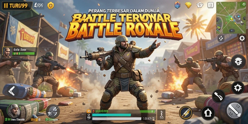 Screenshot TURU99 menunjukkan aksi seru di medan pertempuran Battle Royale.
